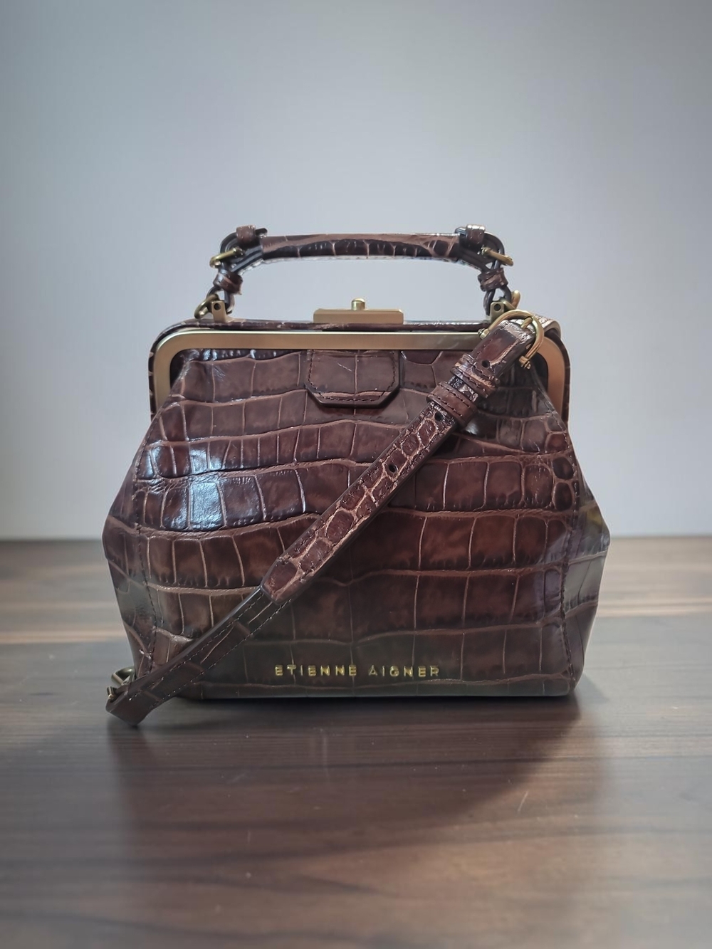 Etienne Aigner Brown Croc-Embossed Small Doctors Bag Top Handle Satchel Vintage